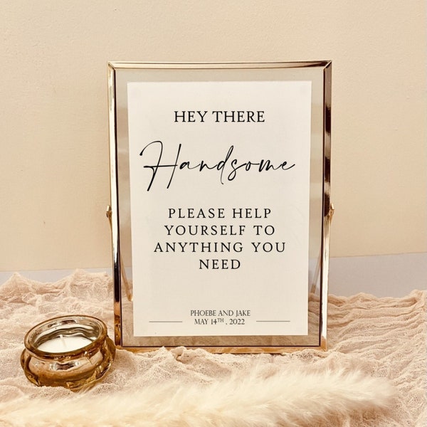 HEY THERE HANDSOME wedding sign | Gent's wedding basket bathroom sign | Unframed wedding day sign | 5x7", A5, 8x10", A4 bathroom basket sign