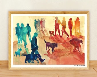 People with dogs walking art print, Watercolor people poster, watercolor print, watercolor people art, first day of fall watercolor