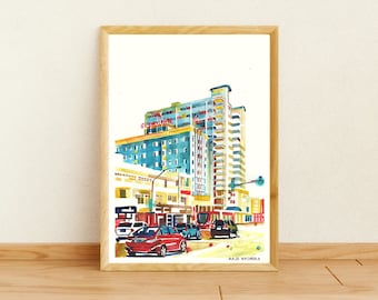 Santa Monica Hotel art print, Santa Monica Signed print, Santa Monica art print, Santa Monica watercolor print, Santa Monica print, art