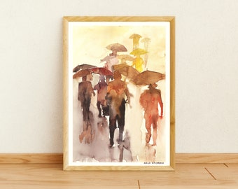 People with umbrellas walking art print, Watercolor people poster, watercolor print, watercolor people art, watercolor