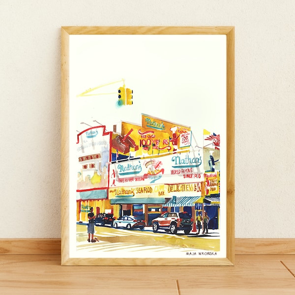 Coney Island art print, Hot Dog place,  Coney Island print, Food lover gift, New York poster,  Coney Island art, American Diner art