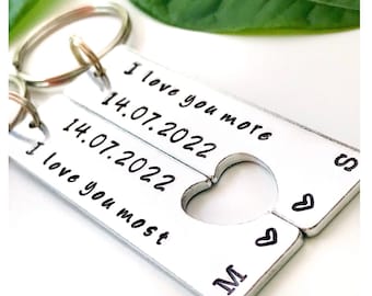 I Love You More Most Personalised Date Initials Keyrings // Anniversary Gift for Her Him // His & Hers Keyrings // Boyfriend Girlfriend Gift