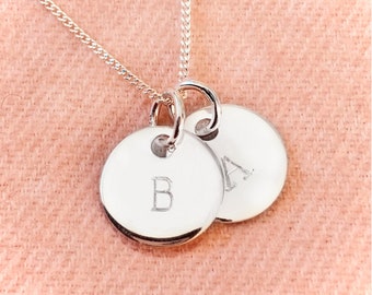 Sterling Silver Initials Necklace // Name Date Customised Personalised Necklace // Initials Disc Circle Pendant // LDR Girlfriend Wife Gift