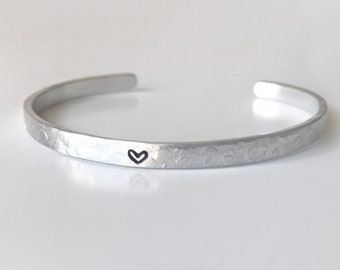 Dainty Heart Hand Stamped Bracelet // Cute Love Heart Jewellery // Skinny Stackable Cuff Bracelet // LDR Girlfriend Gift // Gift For Wife