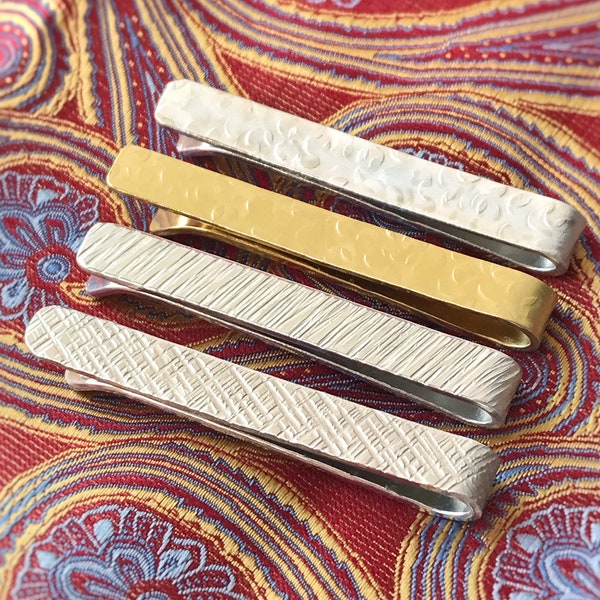 Hammered Textured Tie Clip Tie Bar // Made by Hand Textured Tie Clip // Artisan Gift for Him // Gold Brass Silver Aluminium Tie Clip Smart