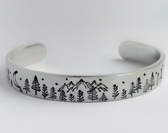Whimsical Mountain Bracelet - Personalised Hand Stamped Aluminium Cuff - Nature Jewellery - Moon Stars Hiking Gift Custom Adventure Bracelet