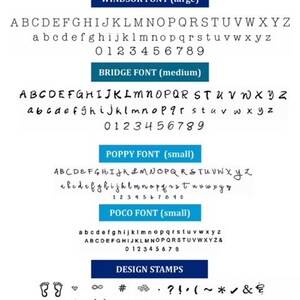 May include: A graphic showing different fonts and design stamps. The fonts are labeled Windsor, Bridge, Poppy, and Poco. The design stamps include a butterfly, a heart, an infinity symbol, a hashtag, a cloud, a question mark, an exclamation point, a parenthesis, a tilde, an asterisk, a check mark, an ampersand, a flower, a bear, a star, a wave, a bicycle, and a crown.