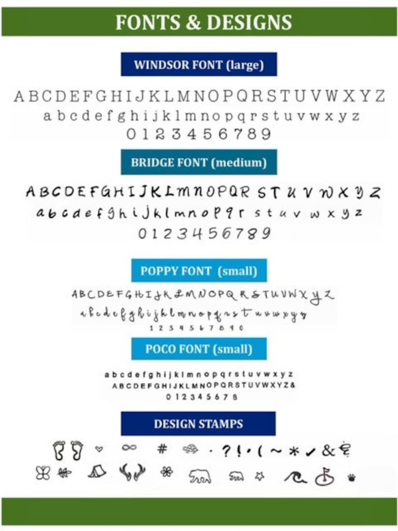 May include: A graphic showing different fonts and design stamps. The fonts are labeled Windsor, Bridge, Poppy, and Poco. The design stamps include a butterfly, a heart, an infinity symbol, a hashtag, a cloud, a question mark, an exclamation point, a parenthesis, a tilde, an asterisk, a check mark, an ampersand, a flower, a bear, a star, a wave, a bicycle, and a crown.