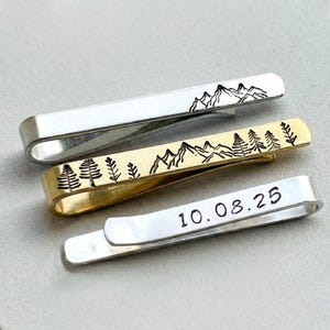 Hand-Made Custom Mountains Forest Tie Clip Bar with Personalised Initials Date Message // Adventure Outdoorsy Hiking Camping Gift For Him image 2