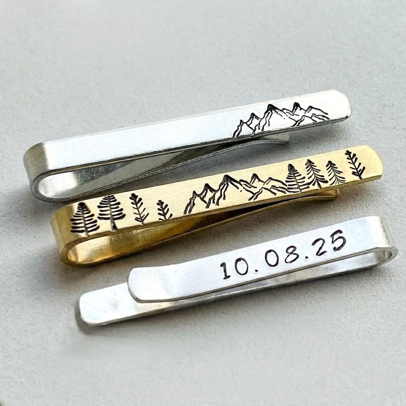 Hand-Made Custom Mountains Forest Tie Clip Bar with Personalised Initials Date Message // Adventure Outdoorsy Hiking Camping Gift For Him image 2