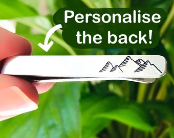 Mountain Tie Clip // Perfect Outdoors Camping Running Climbing Gift for Him // Personalised Tie Bar Date Initials // Alps Himalayas Tie Clip