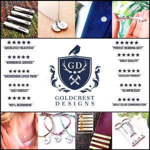 May include: A collection of personalized jewelry and accessories, including tie clips, bracelets, necklaces, and keychains. The items feature engraved names, dates, and symbols. The image also includes a crest with the text "Goldcrest Designs".
