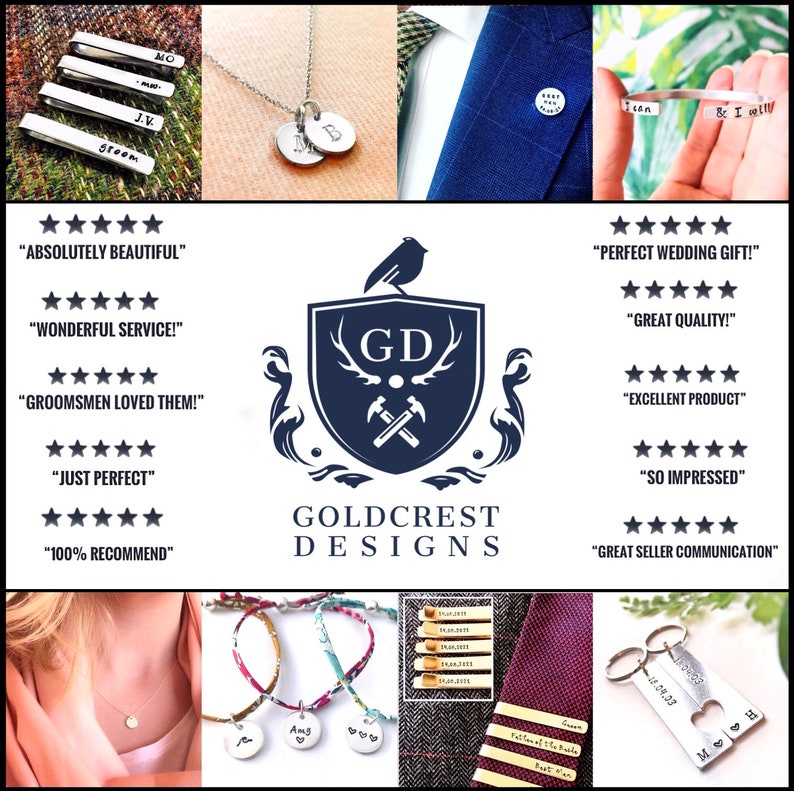 May include: A collection of personalized jewelry and accessories, including tie clips, bracelets, necklaces, and keychains. The items feature engraved names, dates, and symbols. The image also includes a crest with the text "Goldcrest Designs".