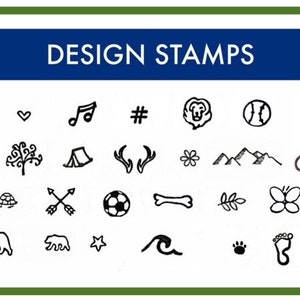 May include: A sheet of black and white design stamps featuring a variety of images, including a heart, music note, hashtag, lion, baseball, tree, tent, antlers, flower, mountains, golf course, turtle, arrows, soccer ball, bone, leaf, butterfly, bear, star, wave, paw print, and footprints.