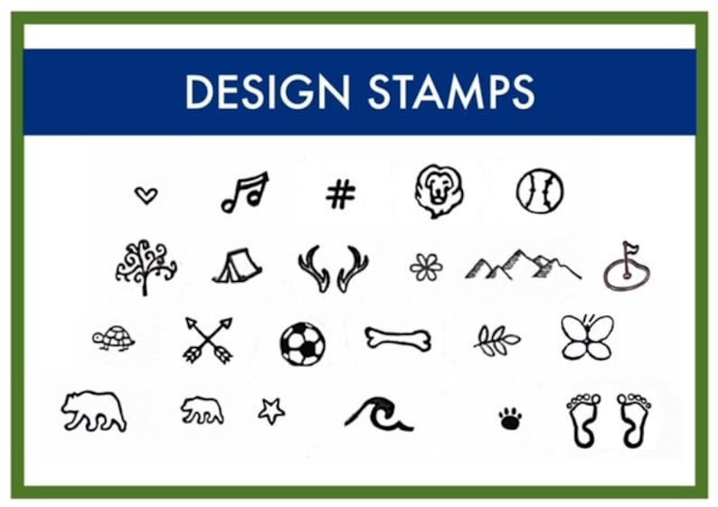May include: A sheet of black and white design stamps featuring a variety of images, including a heart, music note, hashtag, lion, baseball, tree, tent, antlers, flower, mountains, golf course, turtle, arrows, soccer ball, bone, leaf, butterfly, bear, star, wave, paw print, and footprints.