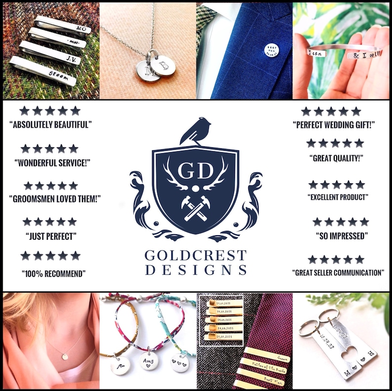 May include: A collection of personalized jewelry and accessories, including necklaces, bracelets, tie clips, cufflinks, and keychains. The items feature engraved names, dates, and initials. The image also includes a logo for the company, Goldcrest Designs.