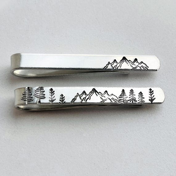 Hand-Made Custom Mountains Forest Tie Clip Bar with Personalised Initials Date Message // Adventure Outdoorsy Hiking Camping Gift For Him