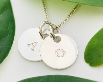 Sterling Silver Pet Necklace // Paw Print Name Initial Dog Cat Remembrance Gift // Personalised Dog Cat Loss Disc Necklace // Pet Necklace