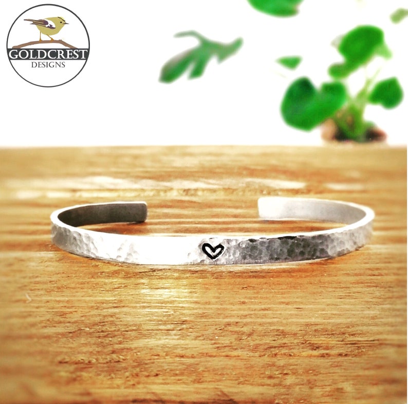 Dainty Heart Hand Stamped Bracelet silver aluminium customisable bridesmaid gift wedding cute love heart skinny cuff