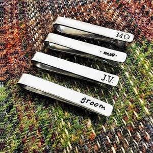 Hand Stamped Tie Clip Bar // wedding party // customisable // groomsmen gift // groom // best man // ushers // wedding // gift for him // image 2