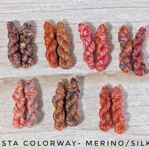 Peut inclure: Sept paires de petits &eacute;cheveaux de fil torsad&eacute;s dans divers coloris panach&eacute;s, incluant des nuances de rose, orange, marron et bleu. Le texte en bas indique FIESTA COLORWAY- MERINO/SILK. Chaque &eacute;cheveau pr&eacute;sente un aspect textur&eacute; et multicolore.