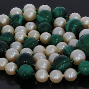 Freshwater pearls and malachite gemstone beaded necklace 18 karat white gold clasp ladies necklace handmade jewelry