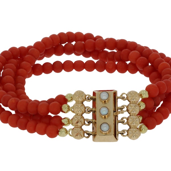 Red coral 4-strand antique bracelet with 14 carat gold pearl clasp lock handmade red coral jewelry