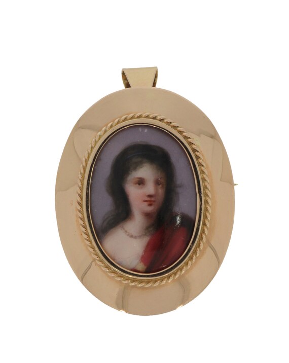 14 carat golden pendant brooche with porcelain por
