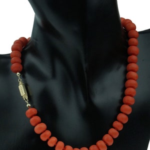 Beautiful antique red coral cheese necklace with large beads, 14 karat gold pipe lock handmade