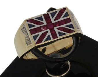 Unique gold men's signet ring with English flag in ruby and sapphire and diamonds