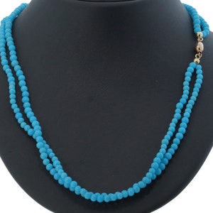Collar de cuentas de 2 hilos de color turquesa para mujer con cierre antiguo de oro de 14 quilates, pieza de joyería única y hecha a mano