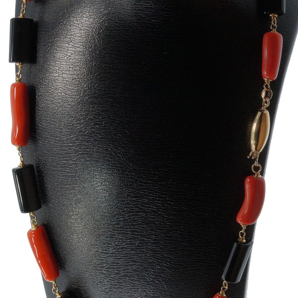 Unique red coral and black coral women's necklace with 18 carat gold clasp and design link, unique and handmade vintage jewelry