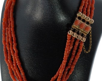 Red coral 4-strand antique children&#39;s girls&#39; necklace with 14 carat gold lock, red coral handmade jewelry