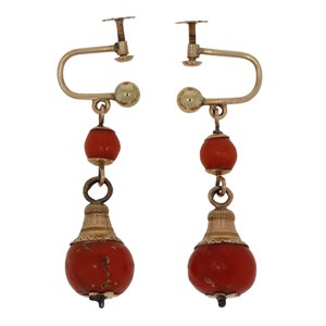 Antique set of red coral 14 karat gold earrings ladies jewelery handmade vintage