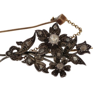 Gold and silver 14 carat antique branch brooch with 15 rose cut diamonds handmade jewelry