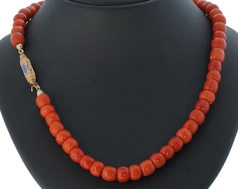 Red coral necklace, beautiful deep red cheese beads with 14 carat gold enamel, antique lock, handmade red coral jewelry