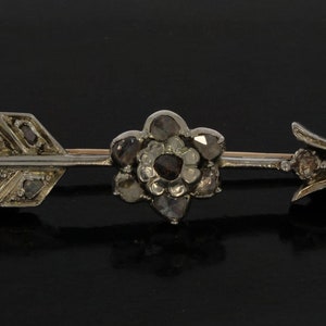 Gold and silver 14 carat antique arrow brooch with 12 rose cut diamonds handmade jewelry