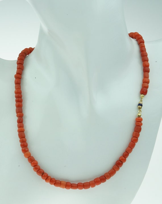 Superbe Collier Ancien - Corail Naturel Sur Chaîne Or 18K Avec 2 Diamants - Occasion à Réenfiler