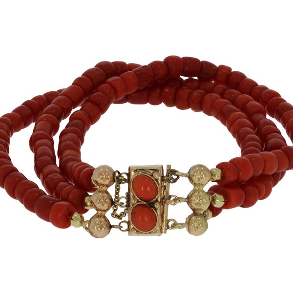 Red coral 3-strand antique bracelet with 14 carat gold clasp lock handmade red coral jewelry