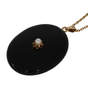 Sale Antique 14 carat gold onyx oval memorial pendant with pearl brilliant cut diamond and photo space on the back handmade jewelry