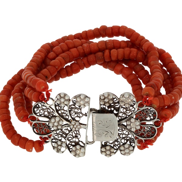 Red coral 5-strand antique bracelet with filigree silver hook closure lock handmade red coral jewelry