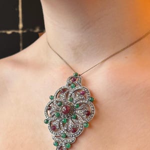 Rare large 14 karat golden and silver pendant 200 diamonds ruby emerald extremely beautifull pendant necklace