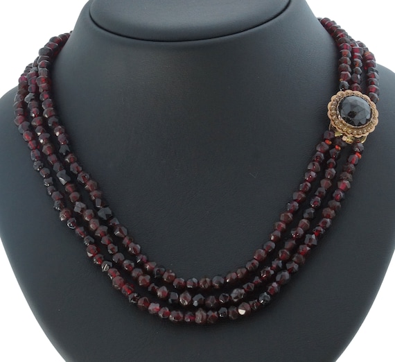 Garnets 3-strand antique necklace ladies necklace… - image 1