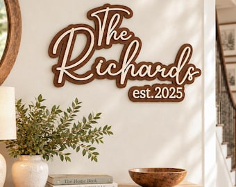 May include: A layered wooden wall sign featuring the text The Richards in a cursive script with a dark brown backing and white lettering, accompanied by a smaller rectangular plaque below displaying the text est.2025 in matching colors.