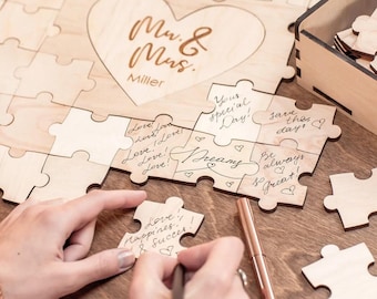 Livre d'or puzzle en forme de cœur personnalisé, livre d'or alternatif en bois pour mariage, souvenir puzzle personnalisé, cadeau pour les jeunes mariés