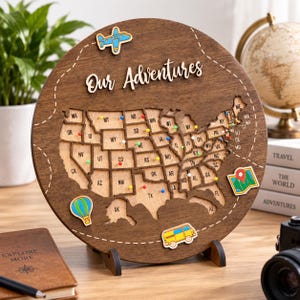 USA Travel Map, Wooden States Map Adventure Awaits, 50 States Travel Tracker, Push Pin Travel Map, Custom Couples Gift, Gift for Anniversary