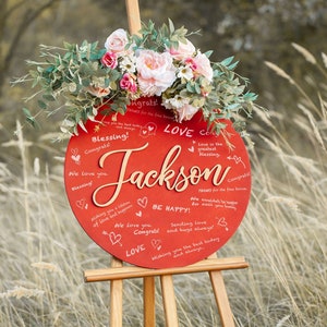 Personalized Wedding Guest Book Alternative, Wooden Guest Book Custom Letter, Unique Guestbook with Circle Red Guestbook Design Wedding Gift image 1