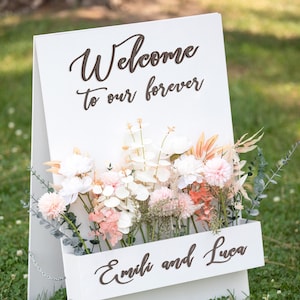 Letrero de bienvenida para boda con caja de flores blanca, letrero de bienvenida con caja de flores 3D, decoración personalizada para la entrada de la boda, letrero personalizado para despedida de soltera.