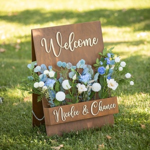 Aangepaste bloembak welkomstbord, bord bruiloft decoratie feest, houten bloem welkomstbord, welkomstbord bruiloft, decor vrijgezellenfeest