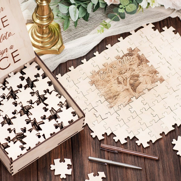 Wedding Guest Book Puzzle Engraved With Your Photo Wooden Guest Book Guest Book Puzzle Sign Guest Book Alternative Wedding Puzzle Guest Book